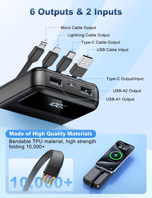 Portable Charger Power Bank 50000mAh Battery Pack, 22.5W Fast Charging PowerBank with Built in Cables,Travel Camping Essential USB-C Portable Phone Charger for iPhone Samsung Pixel Android iPad