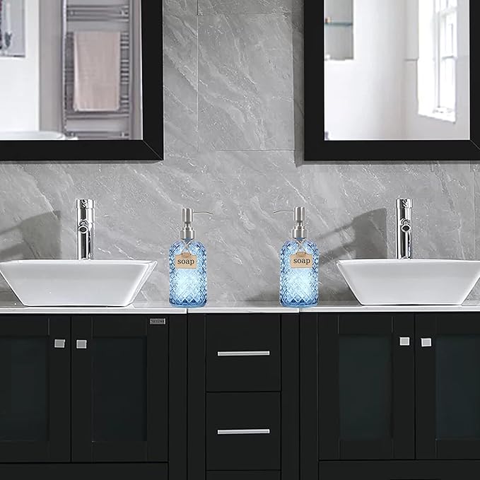 16 oz Diamond Pattern Glass Soap Dispenser, Kitchen and Bathroom Refillable Soap Dispenser with Rust Resistant Stainless Steel Pump for Hand Soap, Lotion Glass Liquid Dispenser(Blue - 2 Pack)
