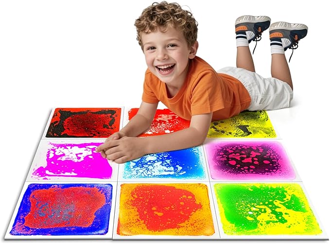 Liquid Sensory Tiles Floor Pads - 9 PCS Square Sensory Floor Mats for Kids Over Three Years Old