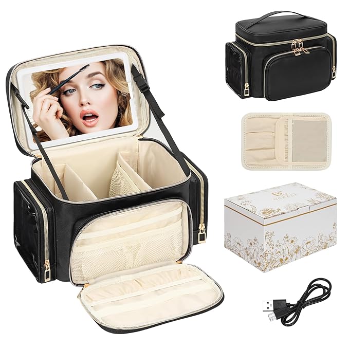 Large Makeup Bag with LED Mirror, Travel Makeup Bag Organizer for Women Girls with Makeup Brush Compartment & Two Side Pockets, 3 Color Lights Cosmetic Toiletry Bag- Leather Black