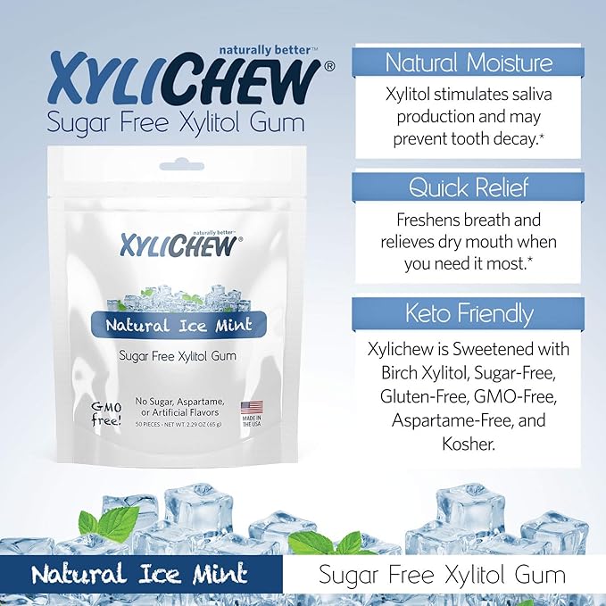 Xylichew 100% Xylitol Chewing Gum - Non GMO, Non Aspartame, Gluten Free, and Sugar Free Gum - Natural Oral Care, Relieves Bad Breath and Dry Mouth - Ice Mint, 50 Count