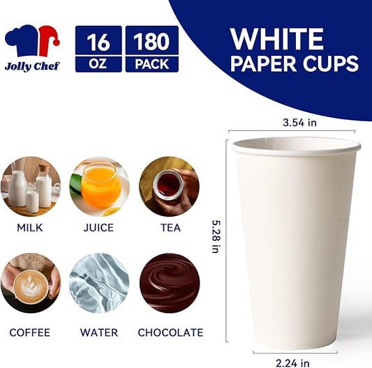 JOLLY CHEF 180 Count 16 oz Coffee Cups, White Drinking Paper Cups for Coffee, Water, Juice, or Tea, Suitable for Party, Picnic, Travel, and Events