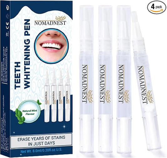 NomadNest Teeth Whitening Pen (4 Pcs) – Painless Teeth Whitener for Sensitive Teeth, Mint Flavor Whitening Gel, Removes Coffee & Tea Stains, Enamel-Safe, Travel-Friendly for a Brighter Smile