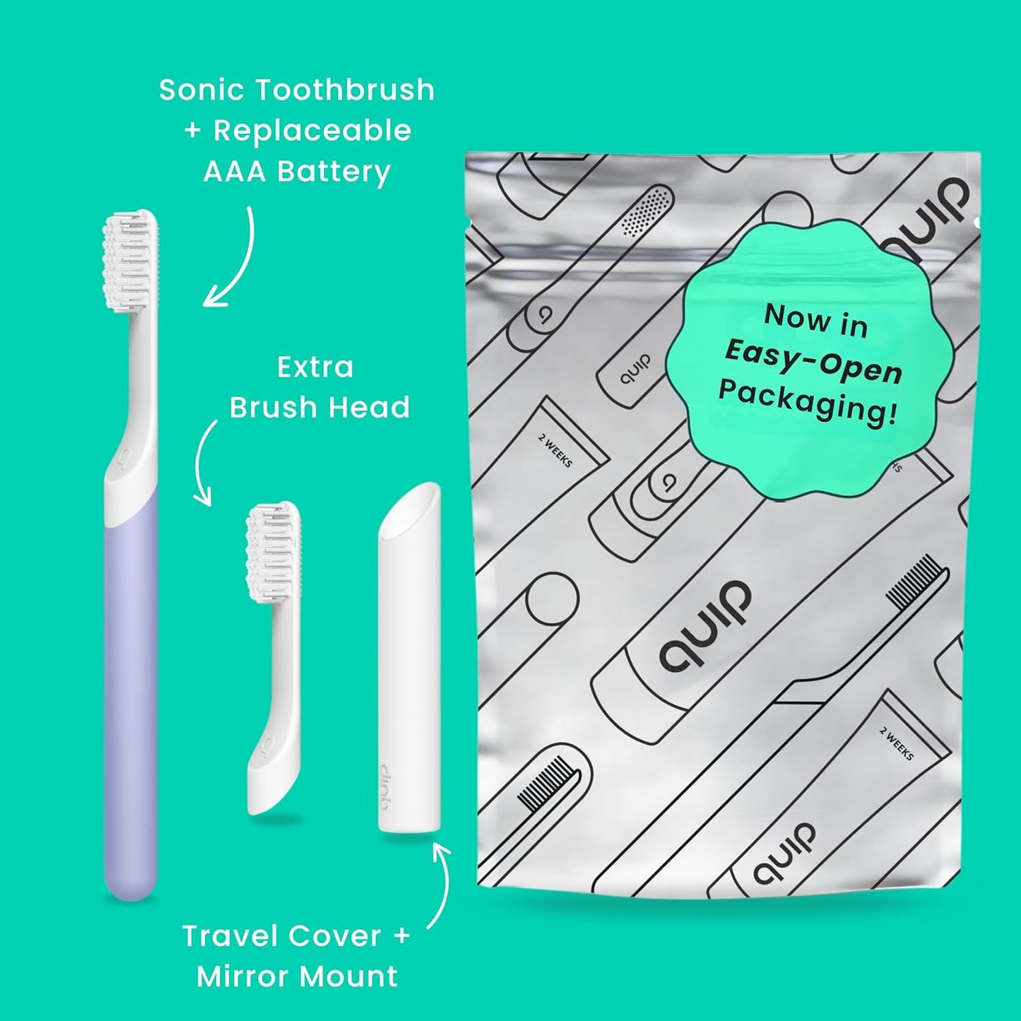 Quip Sonic Electric Toothbrush for Adults - Time Travel & Soft Bristles with Travel Case & Replacement Brush Head - 3 Month Battery Life, Plastic Handle- Lavender