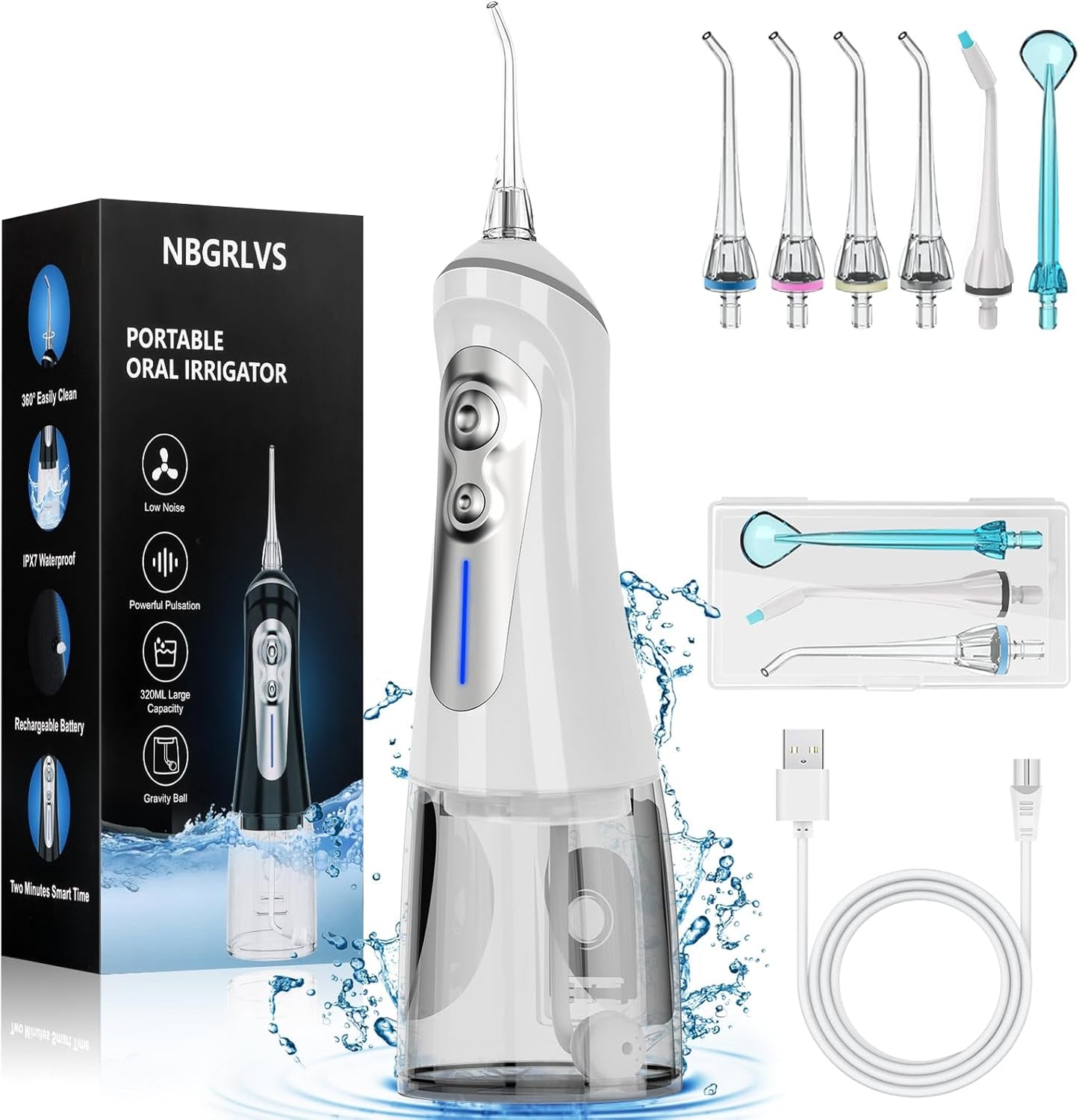 NBGRLVS Water Dental Flosser Cordless for Teeth Pick Cleaning - Powerful Oral Irrigator with 6 Adjustable Modes,320ML Portable & Rechargeable IPX7 Waterproof Cleaner Picks for Home Travel (White)