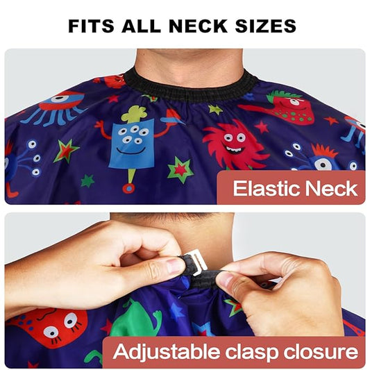 Kids Barber Cape with Neck Duster Brush, Professional Salon Hair Cutting Cape with Adjustable Snap Closure(Cartoon Monster)
