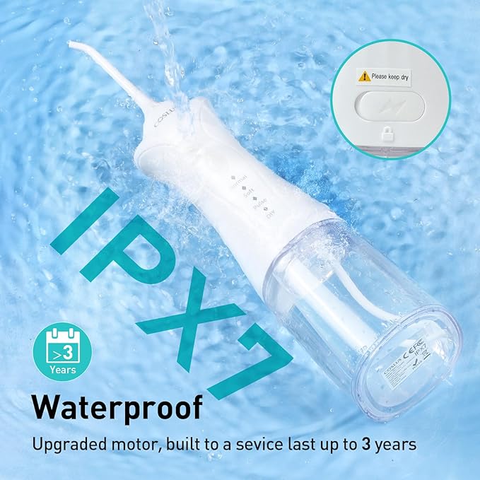 COSLUS Water Dental Flosser Pick for Teeth: 4 Modes Cordless Portable 300ML Larger Tank Water Teeth Cleaner IPX7 Waterproof Flossing Cleaning Picks for Home Travel White C30(FC5360)