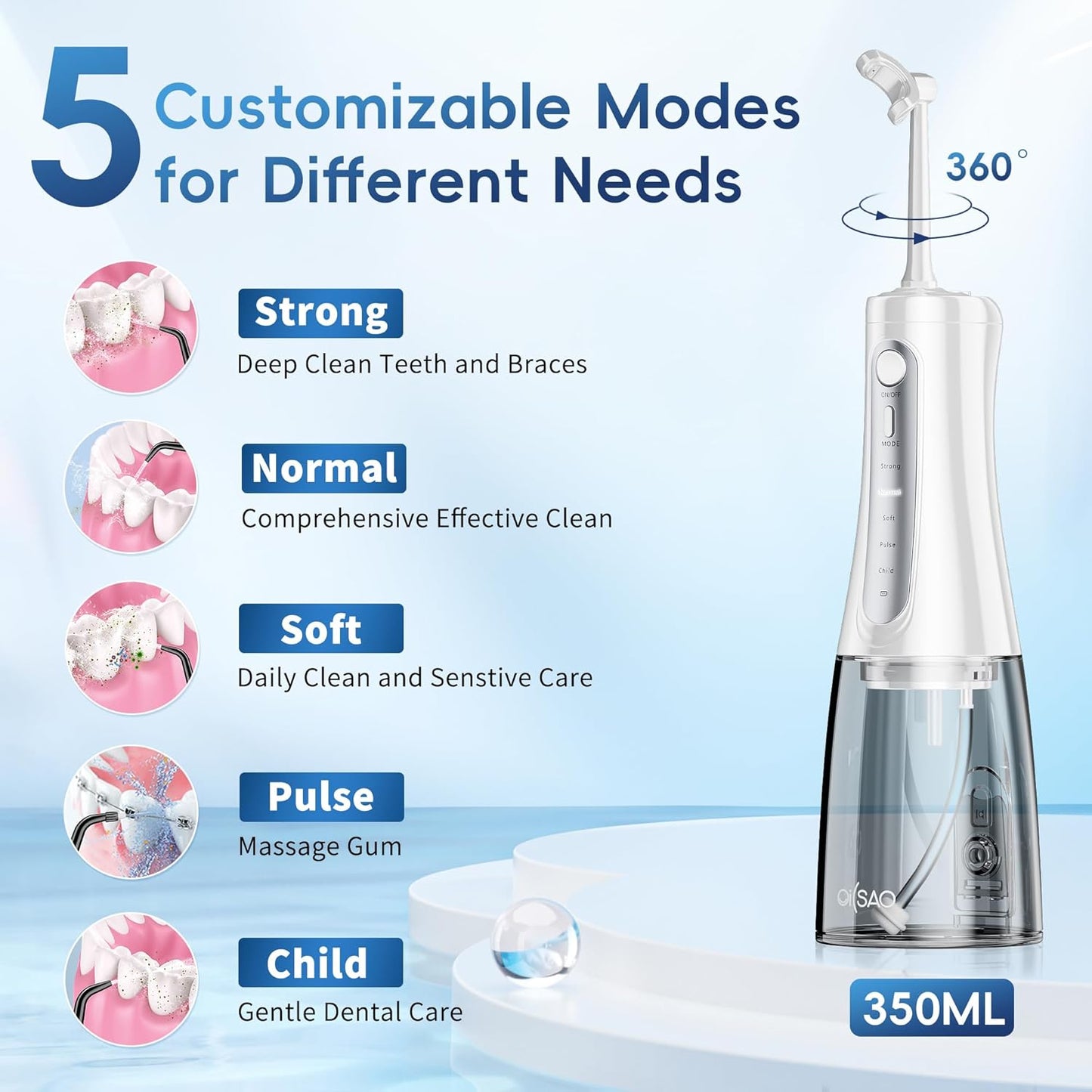 Cordless Water Flosser for Teeth Cleaning Pick, U-Shaped Flossing Head for 360° Deep Clean, 5 Modes & 9 Jet Tips, IPX7 Waterproof, Rechargeable & Portable Oral Irrigator for Travel, 350ML Large Tank