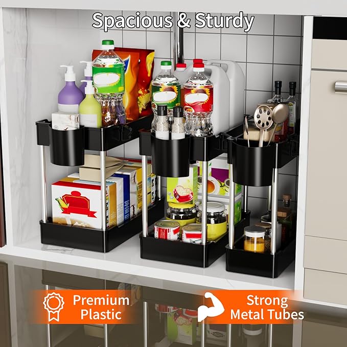 3 Pack Under Sink Organizers and Storage, 2 Tier Bathroom Cabinet Organizer Shelf with Hanging Cups for Kitchen & Bathroom (Black)