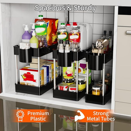 3 Pack Under Sink Organizers and Storage, 2 Tier Bathroom Cabinet Organizer Shelf with Hanging Cups for Kitchen & Bathroom (Black)