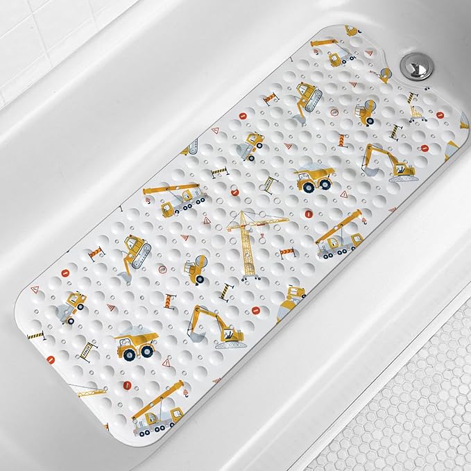 LNOND Bath Mat for Tub for Kids, Boy Toddler Bathtub mat Non Slip, Yellow Excavator Kids Bath Mats for Bathroom Non Slip with Drain Holes and Suction Cups,Machine Washable (40 X 16 Inch)