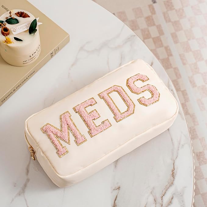 2pcs Personalized Chenille Letter Patch MEDS and RX Bags Set,Cute Nylon Drug Medicine Travel Makeup Bag with Zipper, Preppy Vitamin Organizer Bag for Women and Girls (RX+MEDS Beige)