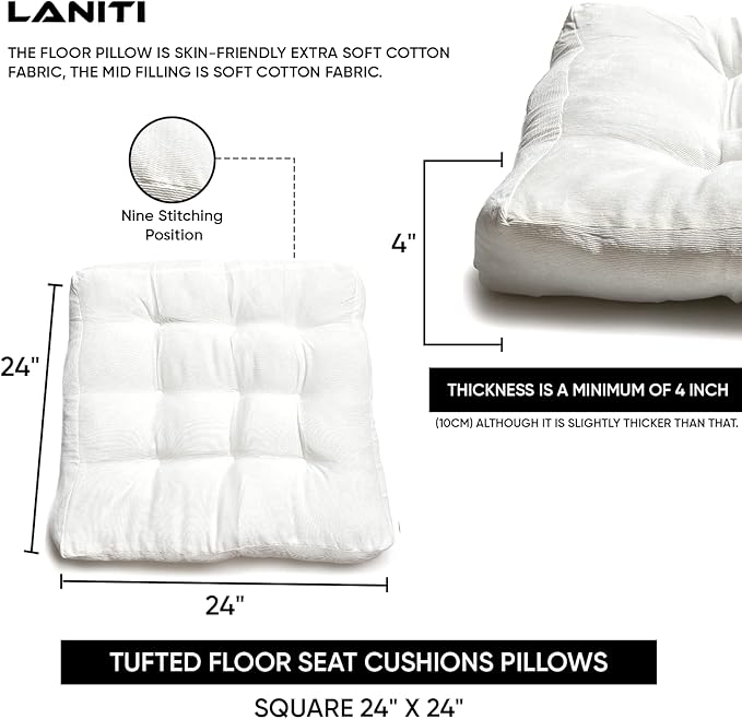 LANITI 24” Inch Extra Large Floor Cushions Tufted Floor Pillow for Adults Square Meditation Ultimate Comfort Oversized Pillows for Floor Cushion (White)
