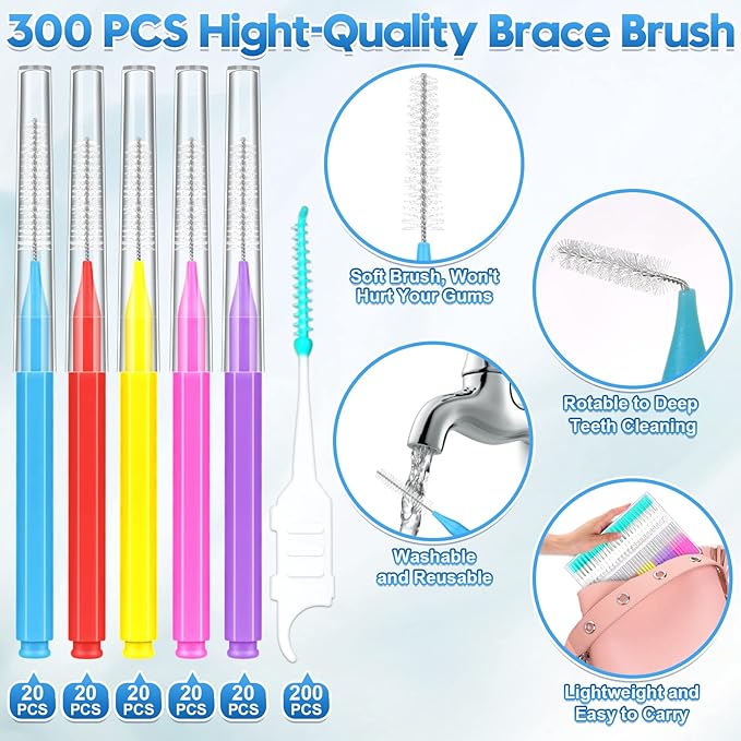 300 Pcs Interdental Brushes for Braces, 6 Size Soft and Bendable Braces Brush for Cleaning, Toothpick Dental Tooth Flossing Head Oral Dental Hygiene Flosser Teeth Gum Braces Tooth Cleaning Tool