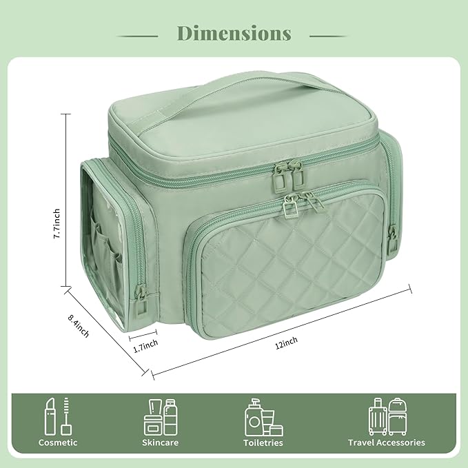 Large Makeup Bag, Portable Travel Makeup Bag Organizer for Women Girls with Makeup Brush Compartment & Two Side Pockets, Cosmetic Travel Bag Vertical Storage Toiletry - Green