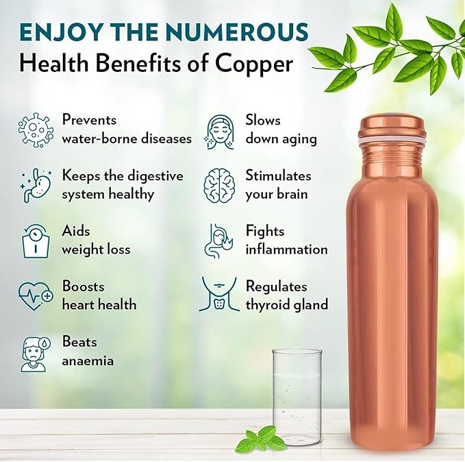100% Pure Copper Water Bottle for Drinking, Ayurvedic Leak-Proof, Travel-Friendly, Wide Mouth Vessel 34oz