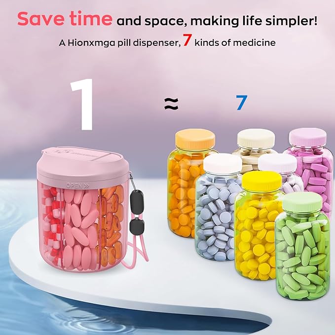 Pill Dispenser with 7 Large Compartments, 4.4" H x 3.6" Dia Pill Organizer for Travel, Supplement Organizer with Anti-Mixing Design, BPA-Free Pill Container with 20 Pcs Labels, Pink