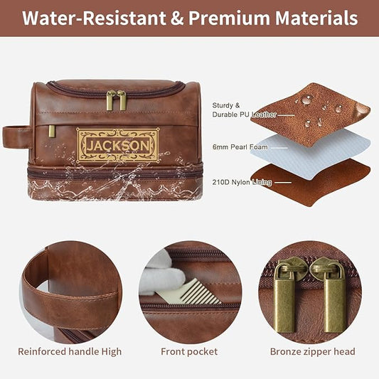 Personalized Toiletry Bag For Men, Large Capacity Travel Doop Kit, Vintage Color PU Leather, Custom Name Initials, Gifts for Dad, Husband, Boyfriend, Groomsmen, Birthday (Style 3)