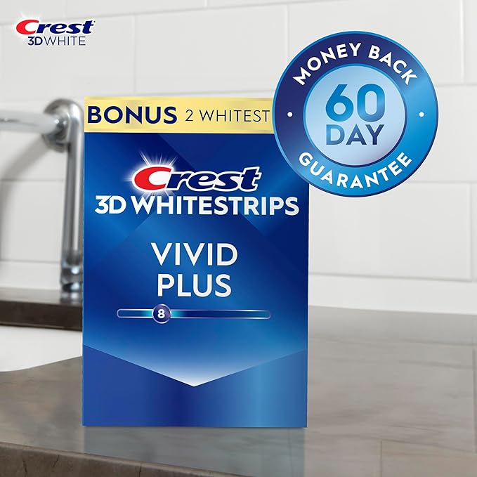 Crest 3D Whitestrips Vivid Plus, Teeth Whitening Strip Kit, 10 Treatments + 2 Bonus Treatments (Each with 1 Upper/1 Lower Strip), 24 Strips, 8 Levels Whiter, Teeth Whitening Kit