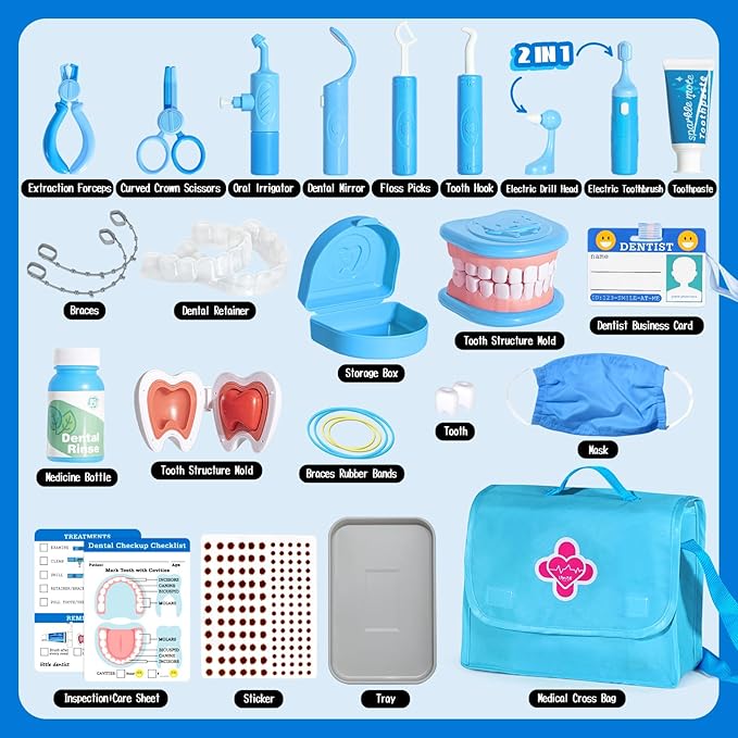 Dentist Playset for Boys with Oversized Pretend Teeth /Removable Teeth /Braces /Retainer - Kids Doctors Play Set - Teeth Model for Teaching - Role Play Toys for Kids 4-6 (Blue)