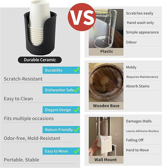 Ceramic Bathroom Cup Dispenser with Stylish Vertical Stripes - Disposable Mouthwash Cup Holder Holds 3-4oz Paper Cups for Rinsing Cups on Bathroom Vanity Countertops (Matte Black)