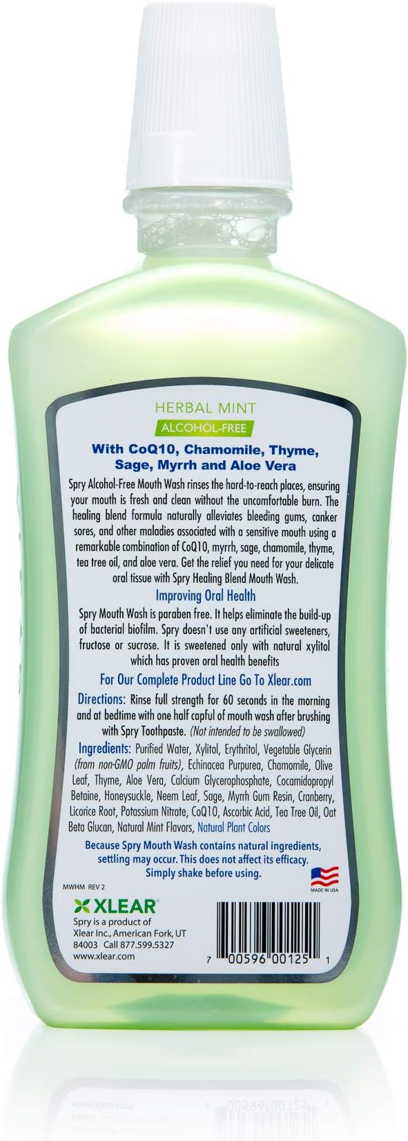 Spry Natural Xylitol Mouthwash Fluoride Free with Enamel Support, Alcohol-Free, Gentle, Non-GMO, Herbal Mint - 16 fl oz (Pack of 1)