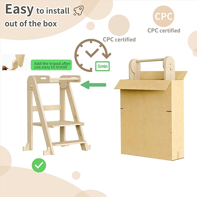 Kids Kitchen Step Stool, Foldable Toddler Tower, Height Adjustable Toddler Standing Tower with Safty Rail and Anti-Slip Device, Wooden Stool for 1.5-6 Years(Nature-Wood)