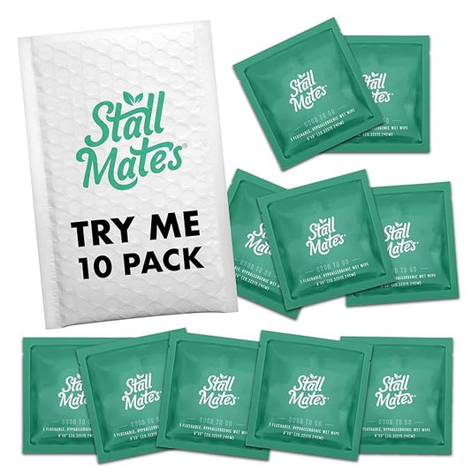 Stall Mates Wipes - Try Me Pack | Flushable Wipes | Individually Wrapped | Travel Friendly | Unscented with Vitamin-E & Aloe | (10 on-the-go singles)