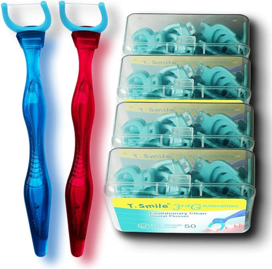 T.Smile NoFuss Dental Flosser Kit, 5-inch Long Handle & Refill Heads, Extra-Strength Floss for Comfortable Clean, Fluoride Free, (2 Handles + 200 Extra-Strength Floss Refills)