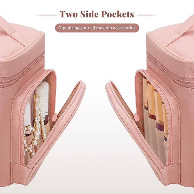 Large Makeup Bag, Portable Travel Makeup Bag Organizer for Women Girls with Makeup Brush Compartment & Two Side Pockets, Cosmetic Travel Bag Vertical Storage Toiletry - Pink
