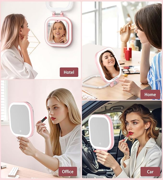 Shinowa Rechargeable Travel Makeup Mirror with 72 LED Lights, 1X/10X Magnifying Vanity Mirror with 3 Color Light, Folding Stand, 7 Inch Portable Dimmable Double Sided Compact Lighted Mirror, Pink