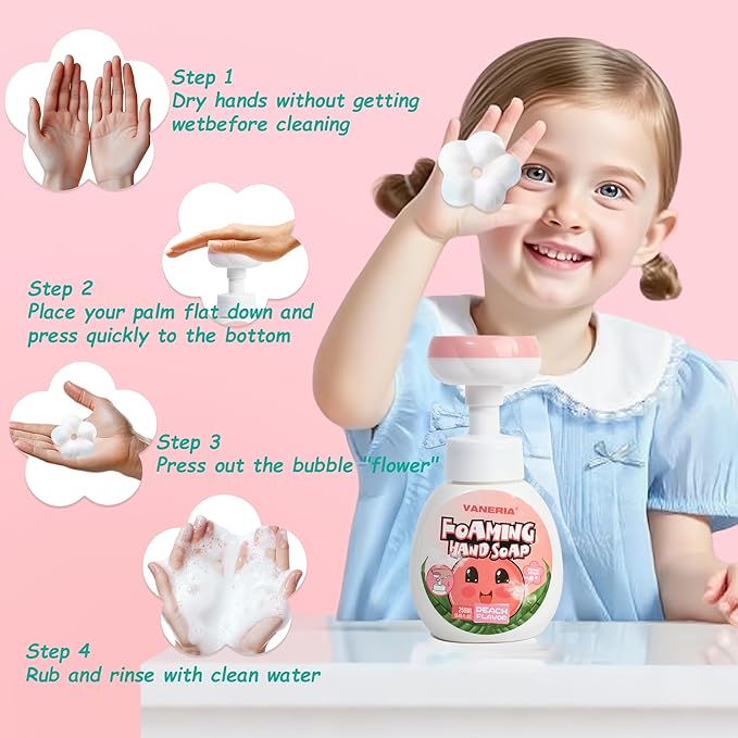 VANERIA Kids Foaming Hand Soap,Flower Stamp,Moisturizing and Gentle Hand Soap for Baby,Kids and Adults with Sensitive Skin 250ml/8.45 Fl Oz