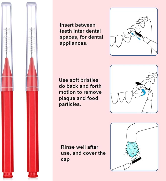 Patelai 100 Pieces Braces Brush for Cleaner Interdental Brush Toothpick Dental Tooth Flossing Head Oral Dental Hygiene Flosser Toothpick Cleaners Tooth Cleaning Tool(Red,Suitable Size)