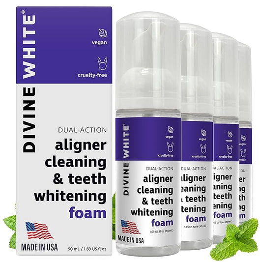 2 in 1 Aligner Cleaning and Teeth Whitening Foam, Vegan Formula Invisalign, Hawley Trays, Aligners, Retainer Cleaner Foam, Menthol Freshness Tooth Whitener Kit, Pack of 4