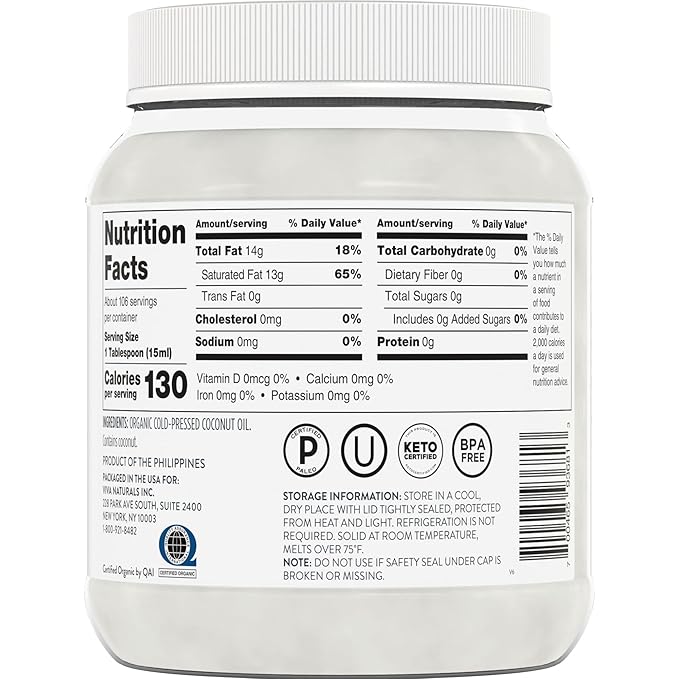Viva Naturals Organic Coconut Oil, 54 fl oz – Unrefined, Cold-Pressed Extra Virgin Coconut Oil, USDA Organic & Non-GMO, Natural Cooking Oil, Hair Oil & Skin Oil