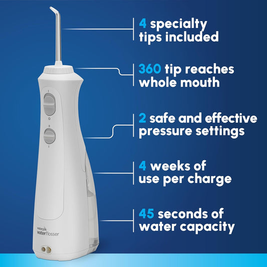Waterpik Cordless Pearl Rechargeable Portable Water Flosser for Teeth, Gums, Braces Care and Travel with 4 Flossing Tips - ADA Accepted, WF-13 White, Packaging May Vary