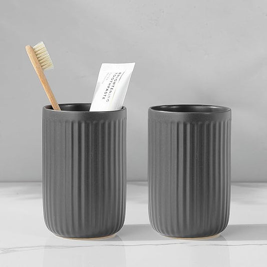 Grey Toothbrush Holders for Bathrooms - 2 Cups Ceramic Toothbrush Toothpaste Holders Set, White Bathroom Tumbler Cups Reusable Toothbrush Mouthwash Cup, Bathroom Counter Organizer.