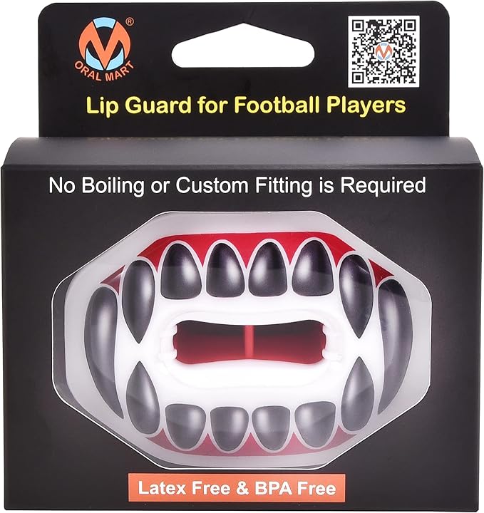 Oral Mart Flag Football Mouth Guard with 3D LipFit Design for Kids - Youth Tackle Football Mouthguard (No Boil) Cool Instant Fit Lip Guard Mouthpiece for Braces (Detachable Helmet Strap Included)