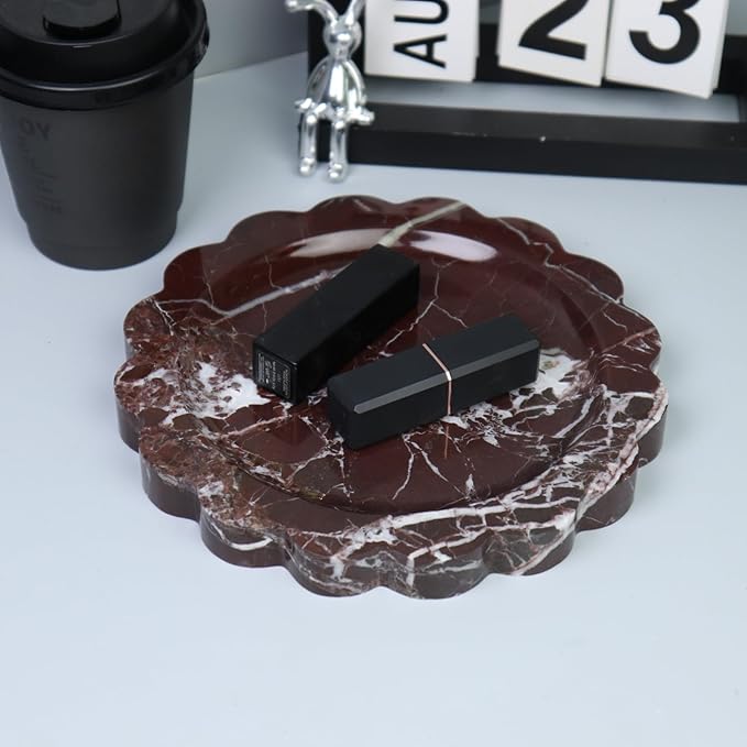 Round Marble Decorative Tray with Scalloped Edge, Luxury Natural Stone Bathroom Vanity Tray, Dresser Top Perfume Coffee Home Kitchen Sink Tray, Key Trinket Ring