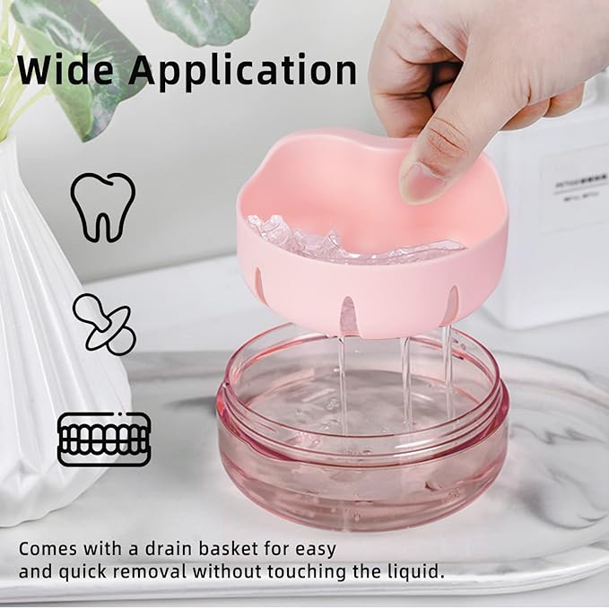 Leak Proof Denture Cup Kit Portable Retainer Case Perfect for Travel, Denture Case Container Cleaning Care for Dentures Aligner Mouth Guard with Denture Brush,Strainer, Removal Tool and Mirror