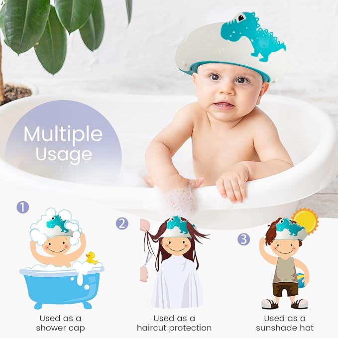 FUNUPUP Baby Shower Cap for Kids with Bath Rinse Cup, Adjustable Toddler Hair Washing Shield Hat Baby Bath Visor Shampoo Hat for Toddlers 6M-9T（Dinosaur Blue)
