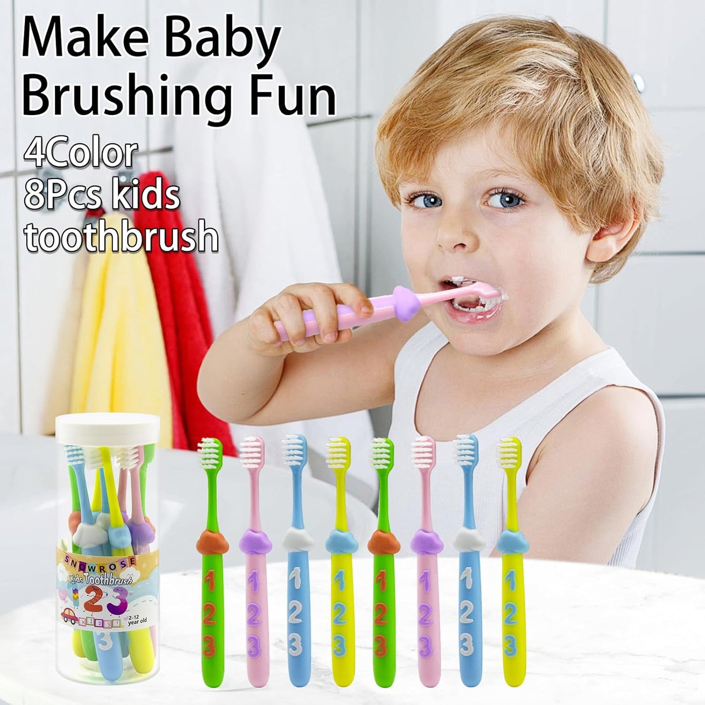 SNOWROSE 8 Pcs Kids Toothbrushes,Soft Bristles Toothbrushes for 2-12 Years Old Kids, Multicolor Baby Toothbrush Pack, Cute Toddler Toothbrush Girl & Boy