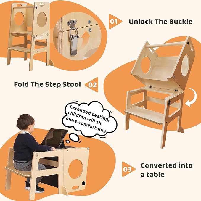 Toddler Tower Step Stool for Kids Kitchen Stool Helper Toddler Standing Tower Foldable Children Table Kids Table and Chair Set Montessori Helper Tower Natural