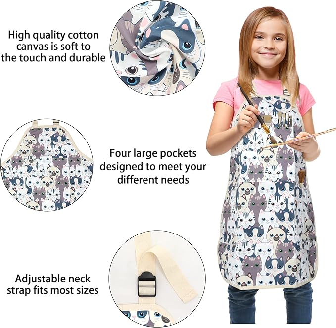 FreeNFond Kids Apron Adjustable Child Apron with 4 Pockets for Baking Painting