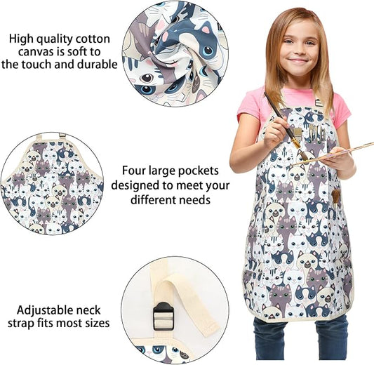 FreeNFond Kids Apron Adjustable Child Apron with 4 Pockets for Baking Painting