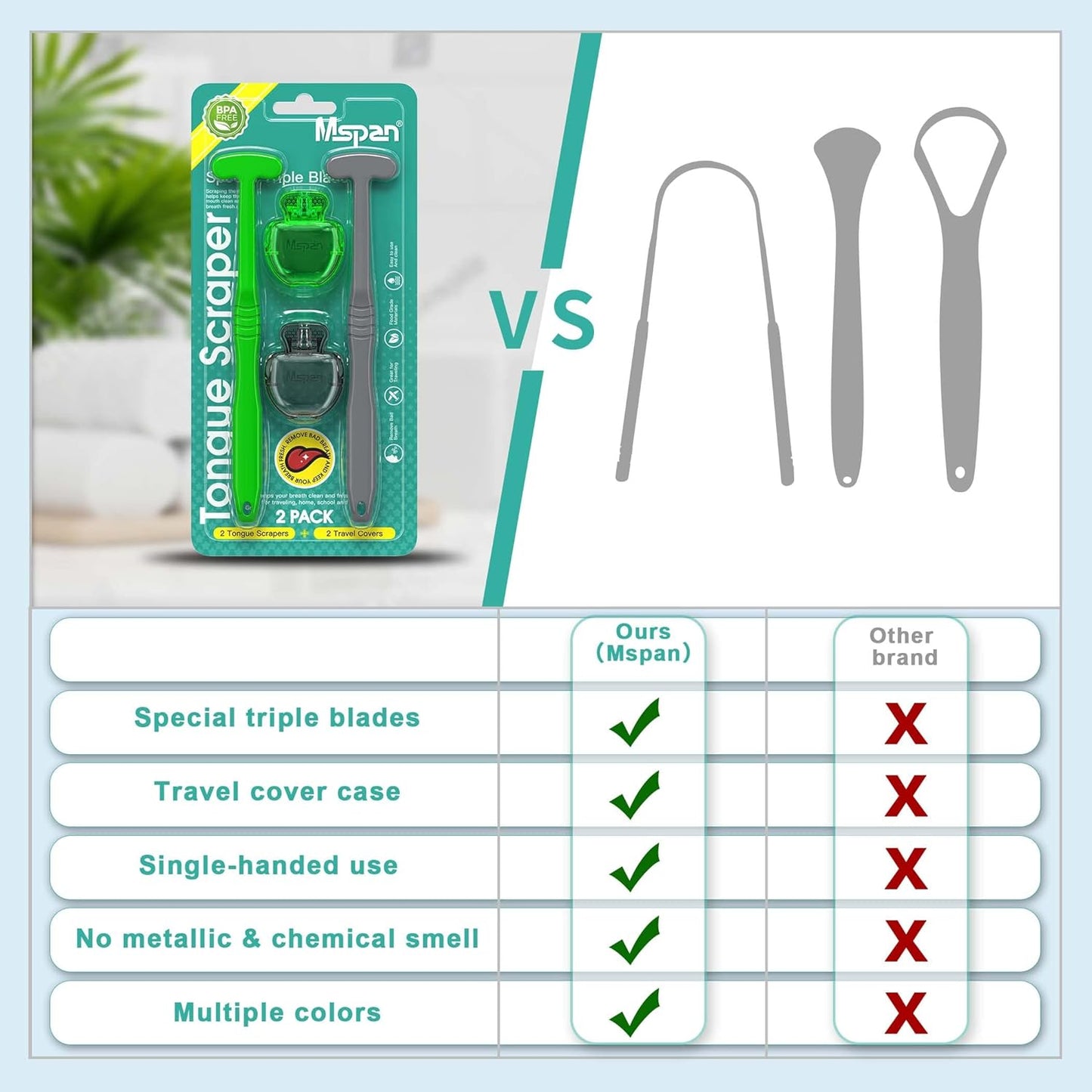 Mspan Tongue Scraper for Adults & Kids: Tongue Cleaner Brush Dental Clean Care Kit with Plastic Travel Case Cover - Oral Hygiene Fresh Breath Green Grey 2 Pack