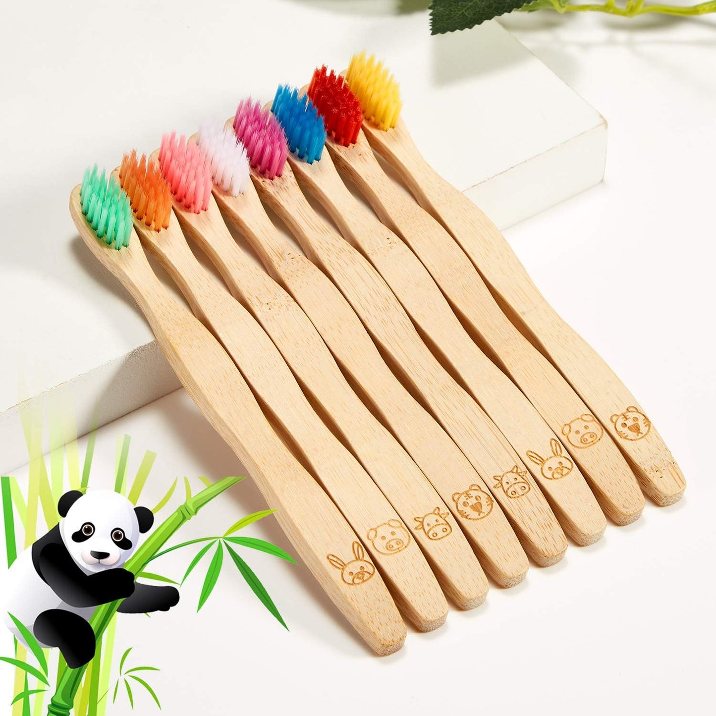 Boao 16 Pcs Kids Bamboo Toothbrush Soft Bristle Natural Toothbrush Wooden for Kids with Colorful Bristles and Ergonomic Animal Designs Handles