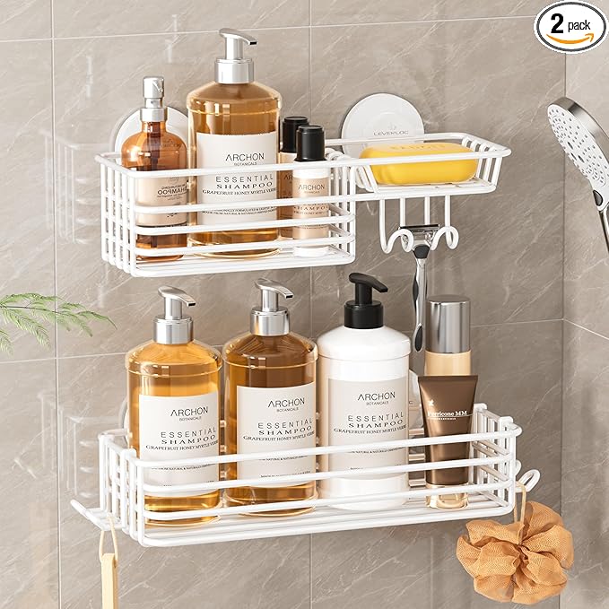 LEVERLOC Shower Caddy Suction Cup, 2 Pack Shelves for Inside with Hooks and Soap Holder, NO-Drilling Bathroom Holder, Rustproof Meatl Bathroom Organizer, White