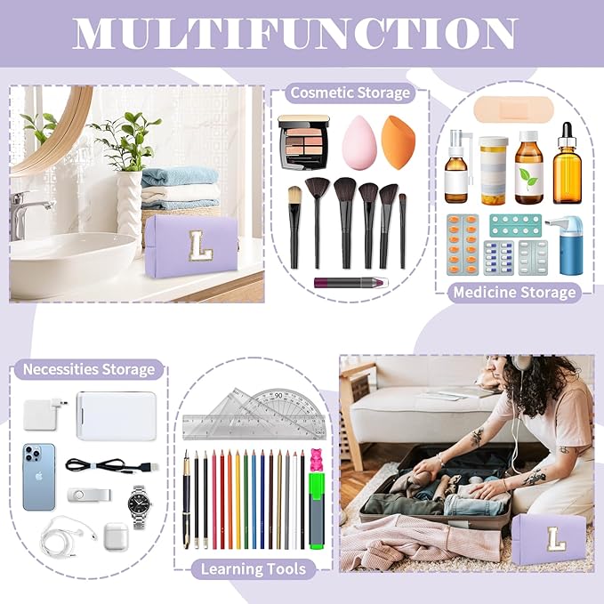 Personalized Makeup Bag Initial A-Z Preppy Patch Bag,Small PU Leather Travel Cosmetic Bag Pouch with Zipper,Purple Cute Toiletry Bag,Gift Ideal for Teen Girls Women Birthday Friend Mom,Latter L