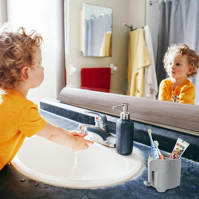 RyanLemon Elephant Toothbrush Holder for Toddler, Suction Cup Cute Toothbrush Holder for Kids, for Bathroom, with 3 Slots and 1 Hook, Grey